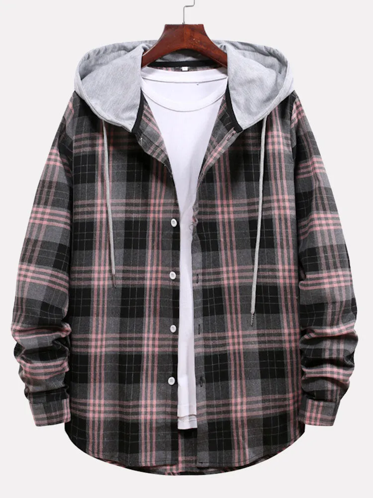 Men's Multi-color Patchwork Plaid Shirt Loose Drawstring Hooded Long-sleeved Shirt