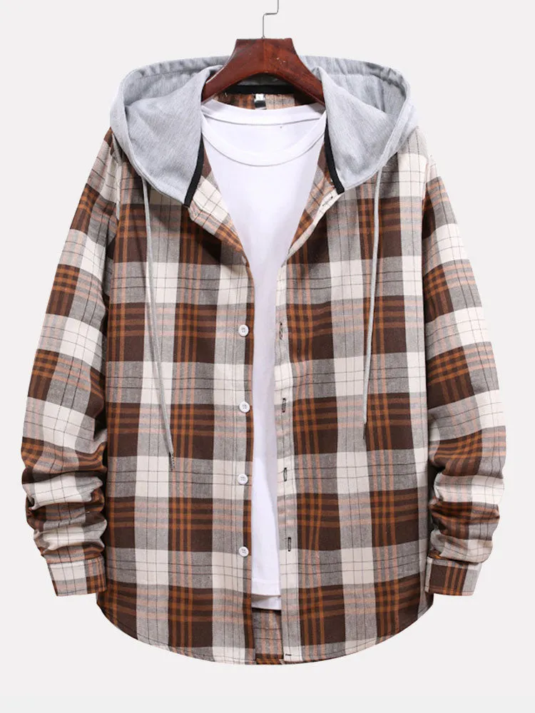 Men's Multi-color Patchwork Plaid Shirt Loose Drawstring Hooded Long-sleeved Shirt