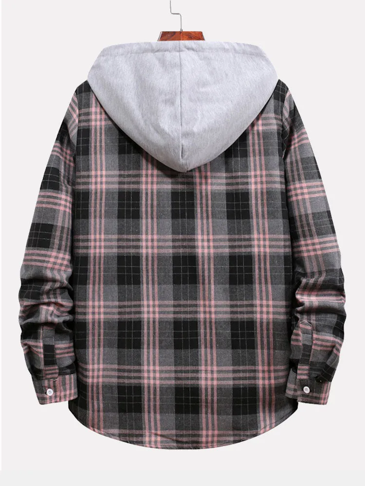 Men's Multi-color Patchwork Plaid Shirt Loose Drawstring Hooded Long-sleeved Shirt