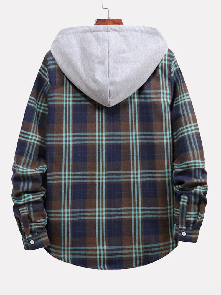 Men's Multi-color Patchwork Plaid Shirt Loose Drawstring Hooded Long-sleeved Shirt