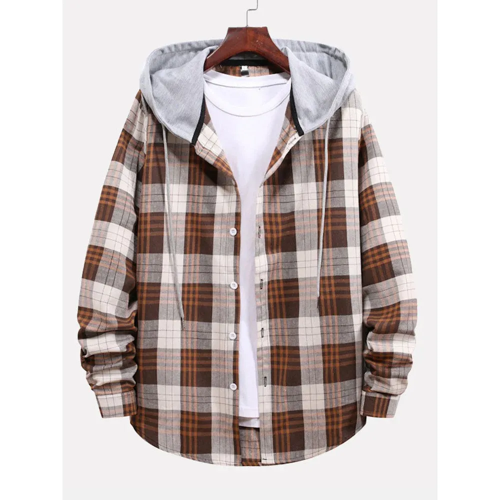 Men's Multi-color Patchwork Plaid Shirt Loose Drawstring Hooded Long-sleeved Shirt