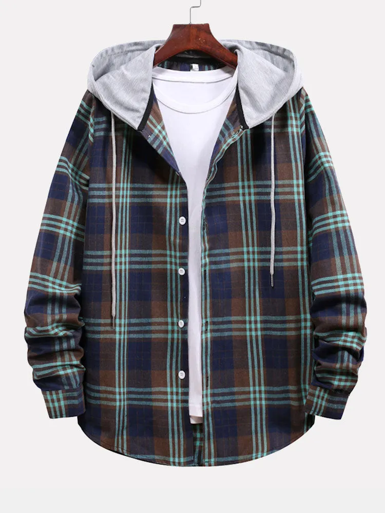 Men's Multi-color Patchwork Plaid Shirt Loose Drawstring Hooded Long-sleeved Shirt