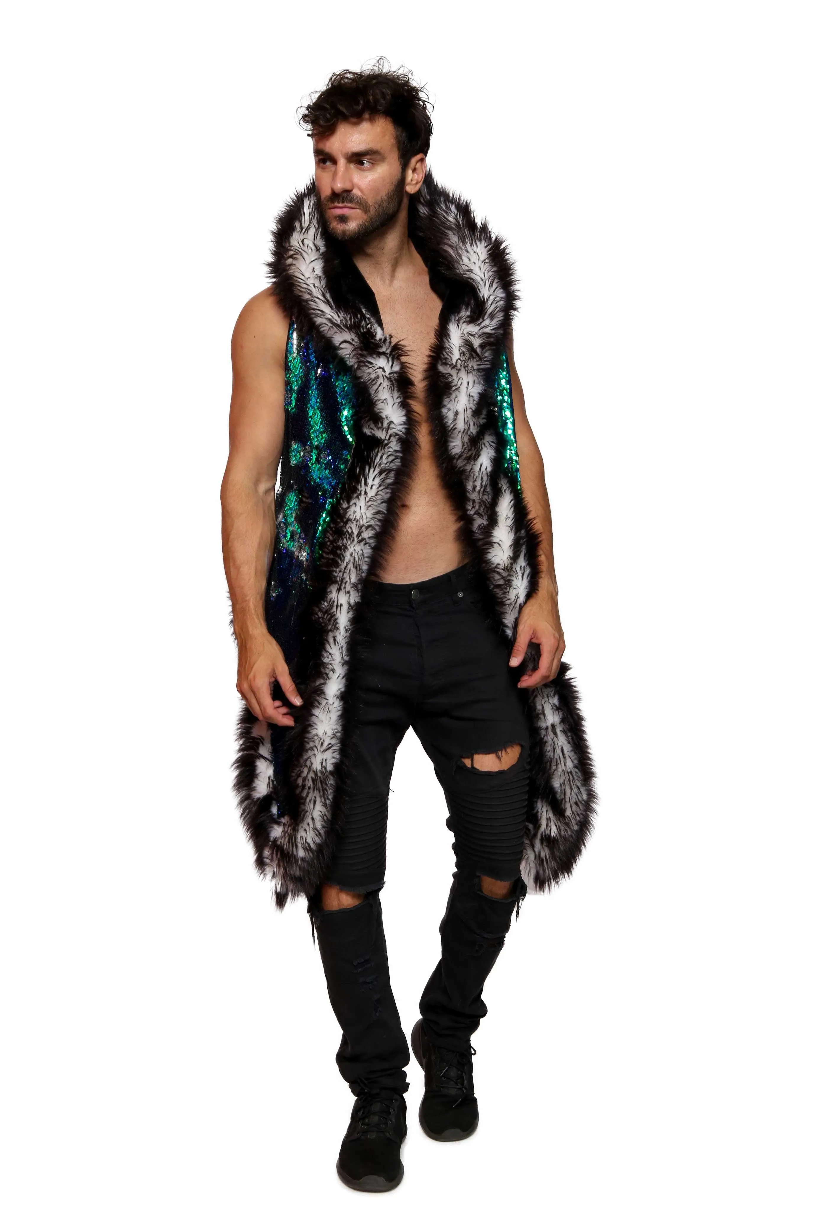 Men's Sequin Vest in "Blue Green Silver"