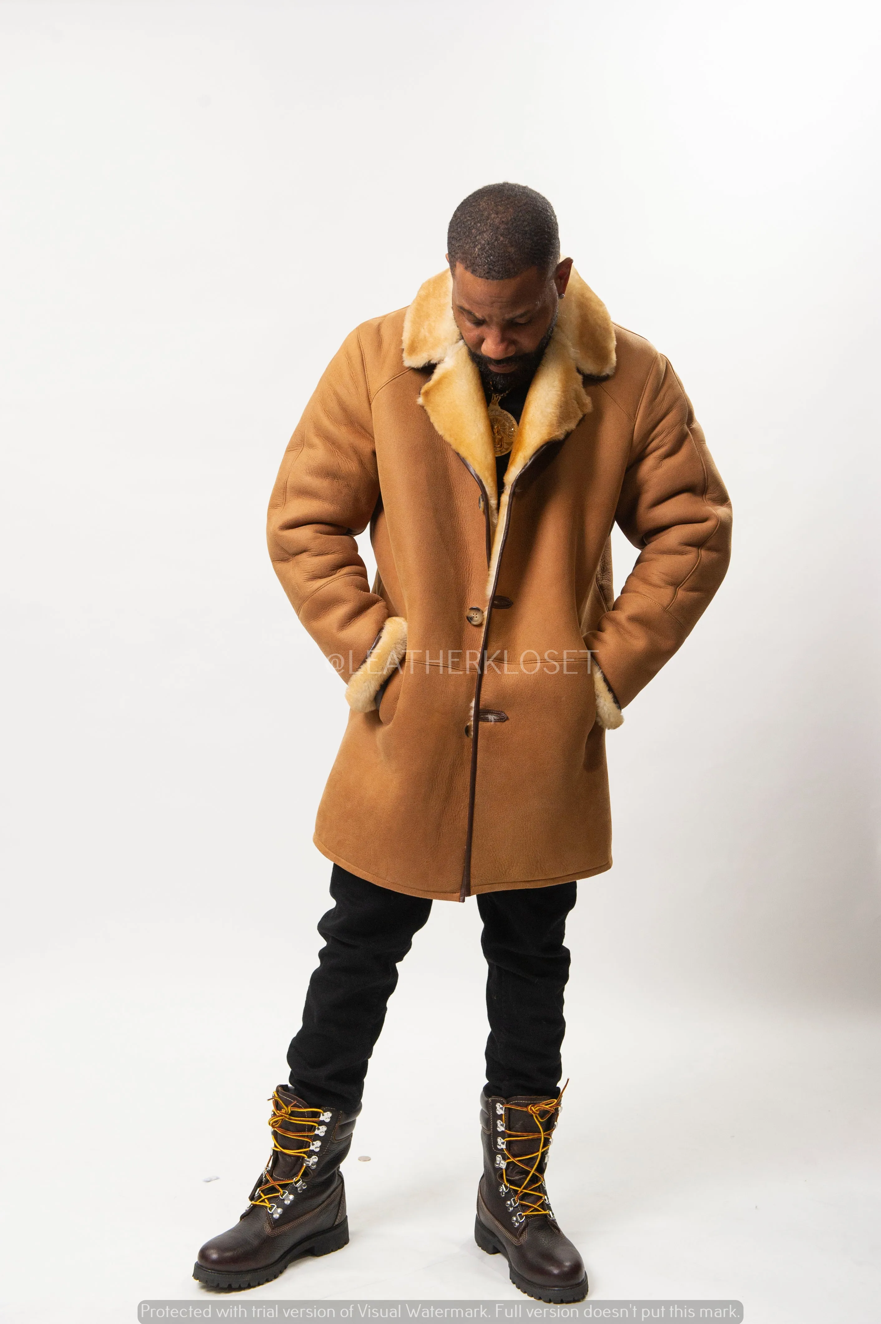 Men's Sheepskin Shearling Car Coat [Tan]