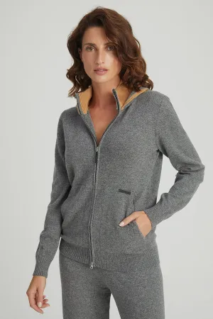 M.Grey Melange Laura Wool Cashmere High Collar Hooded Cardigan