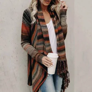 Mid-length slim fashion tassel striped jacket sweater