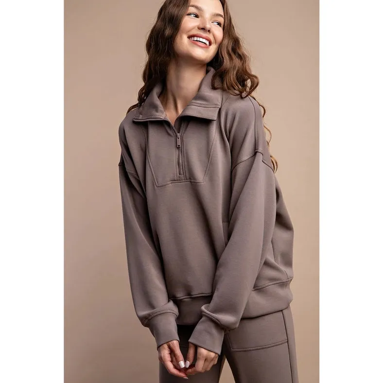 Modal Poly Span Quarter Zip Funnel Neck Pullover Mocha