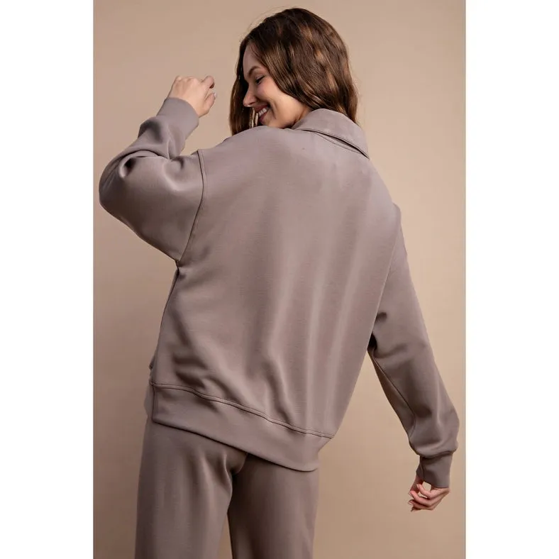 Modal Poly Span Quarter Zip Funnel Neck Pullover Mocha