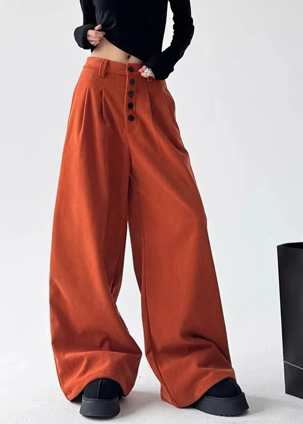 Natural Orange Pockets Patchwork High Waist Corduroy Wide Leg Pants Spring TA054