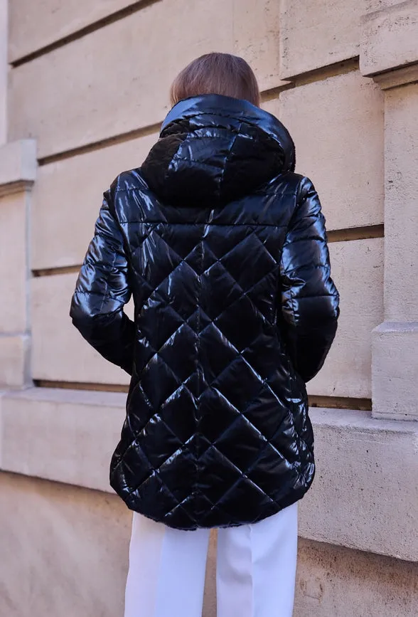 Reversible Lined Down Jacket with hood BLACK