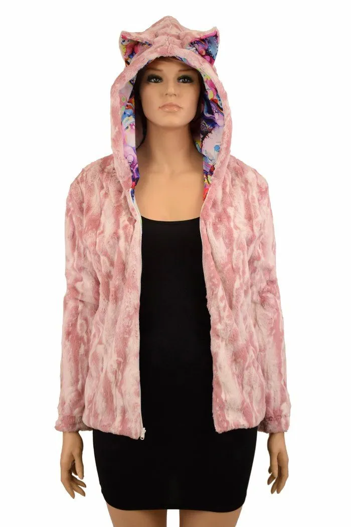 Rosewater Minky Faux Fur Long Jacket with Kitty Ears