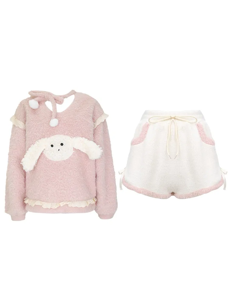 Serendipity Autumn Pink Cute Puppy Fuzzy Woolen Sweater Top & Shorts Two Piece Set