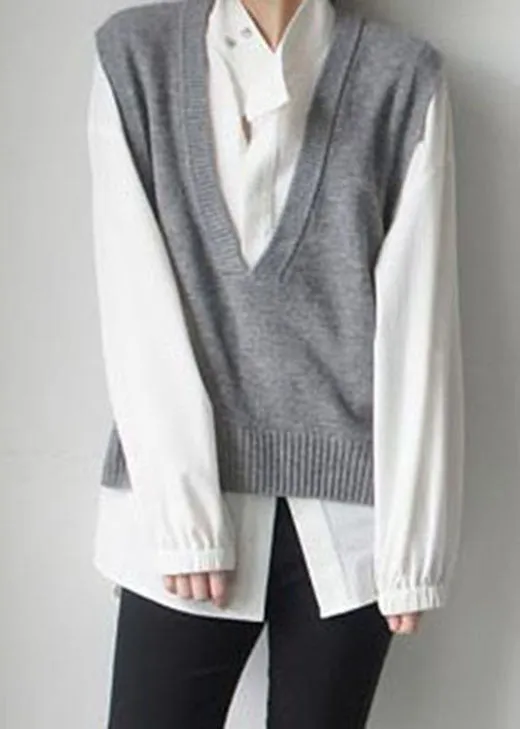 Simple Grey V Neck Woolen Tanks Sleeveless