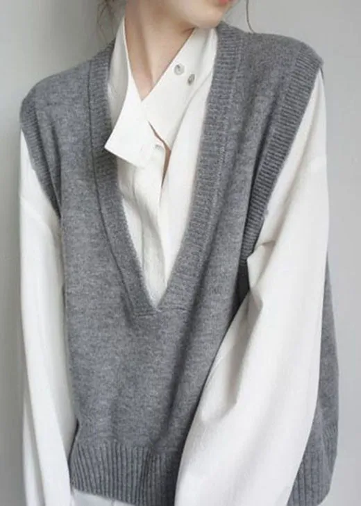 Simple Grey V Neck Woolen Tanks Sleeveless