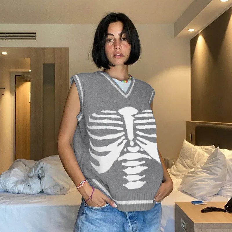 Skeleton sternum print contrast color V-neck sleeveless knitwear woolen sweatshirt college style