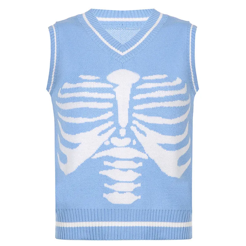 Skeleton sternum print contrast color V-neck sleeveless knitwear woolen sweatshirt college style