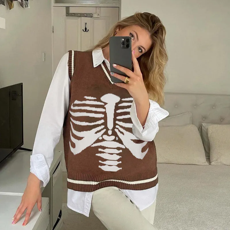 Skeleton sternum print contrast color V-neck sleeveless knitwear woolen sweatshirt college style