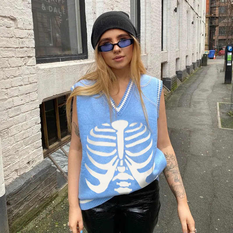 Skeleton sternum print contrast color V-neck sleeveless knitwear woolen sweatshirt college style