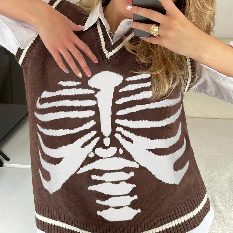 Skeleton sternum print contrast color V-neck sleeveless knitwear woolen sweatshirt college style