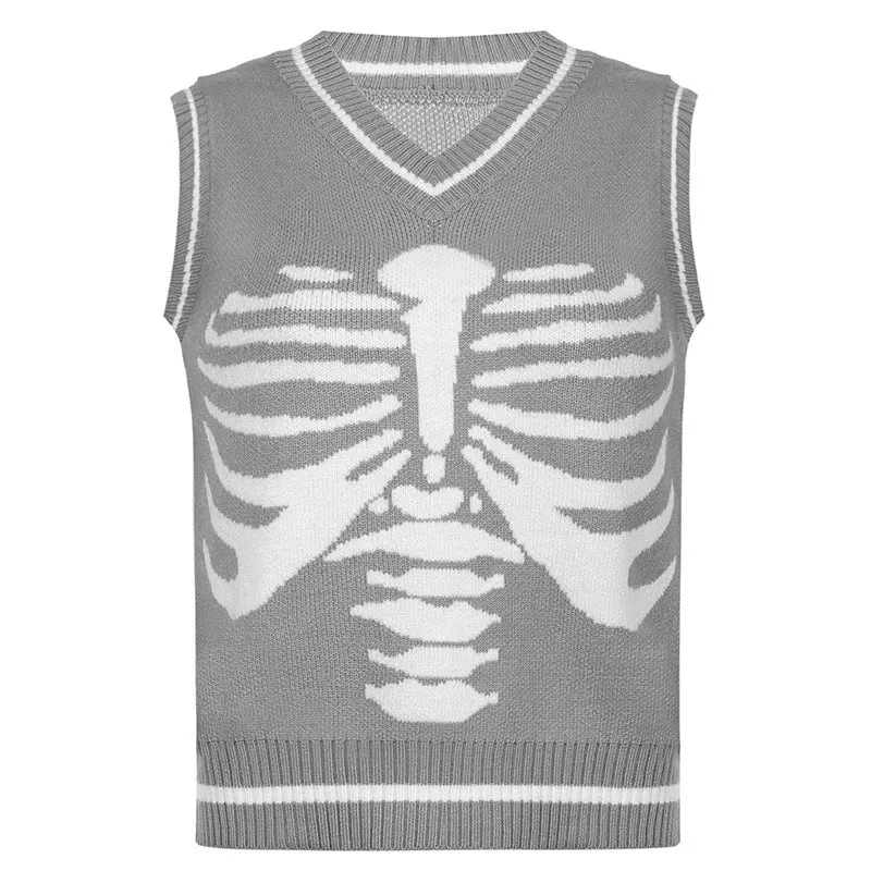 Skeleton sternum print contrast color V-neck sleeveless knitwear woolen sweatshirt college style