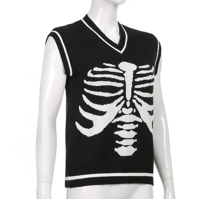 Skeleton sternum print contrast color V-neck sleeveless knitwear woolen sweatshirt college style