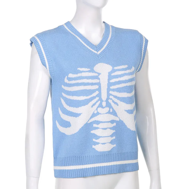 Skeleton sternum print contrast color V-neck sleeveless knitwear woolen sweatshirt college style