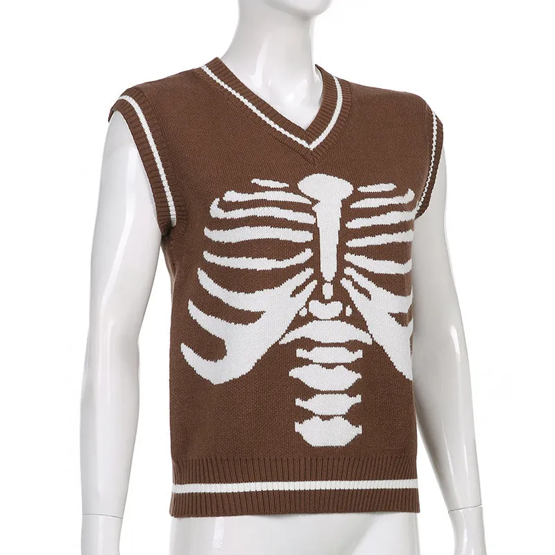 Skeleton sternum print contrast color V-neck sleeveless knitwear woolen sweatshirt college style