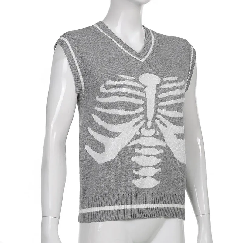 Skeleton sternum print contrast color V-neck sleeveless knitwear woolen sweatshirt college style