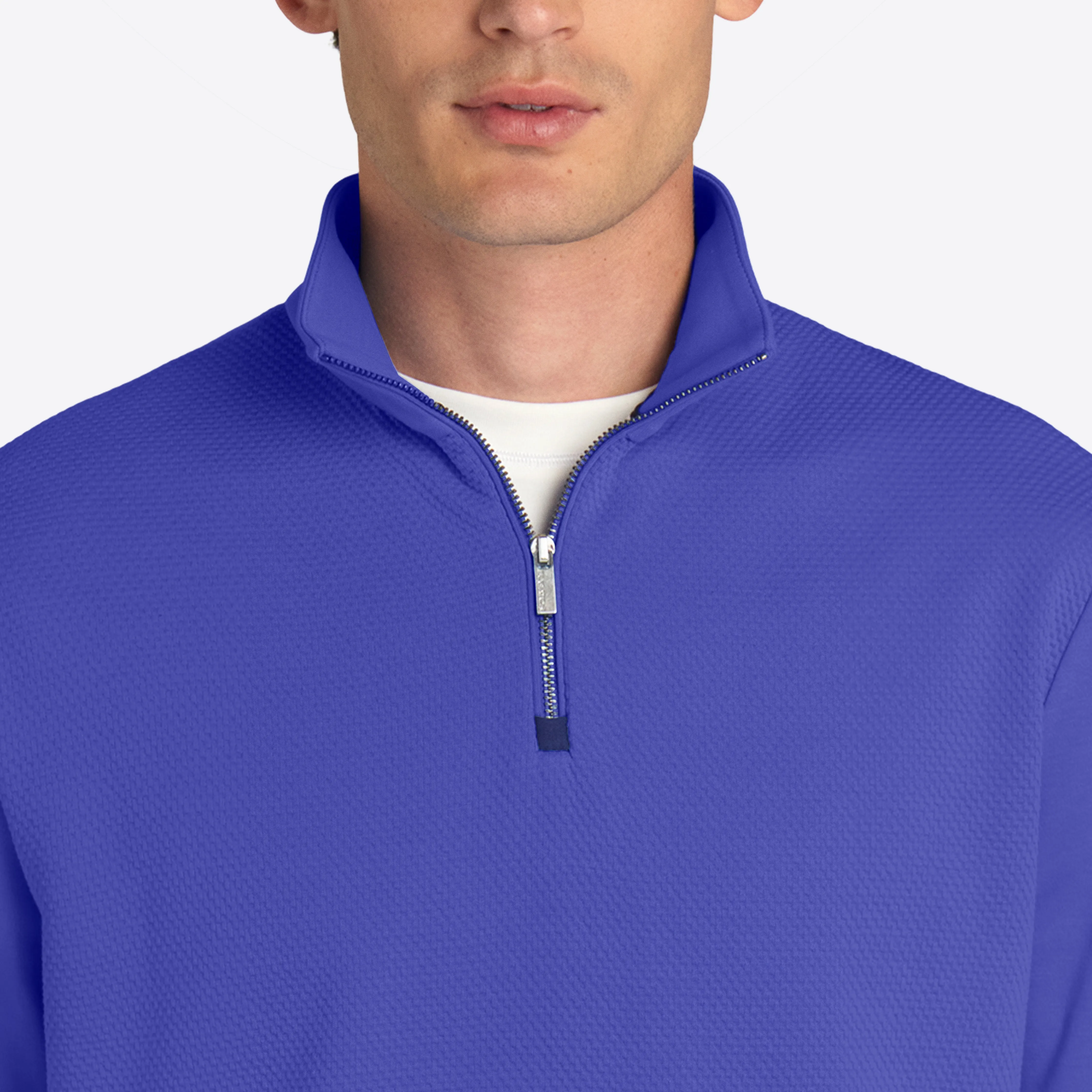 Solid Mesh Effect Quarter Zip Mock Neck Pullover