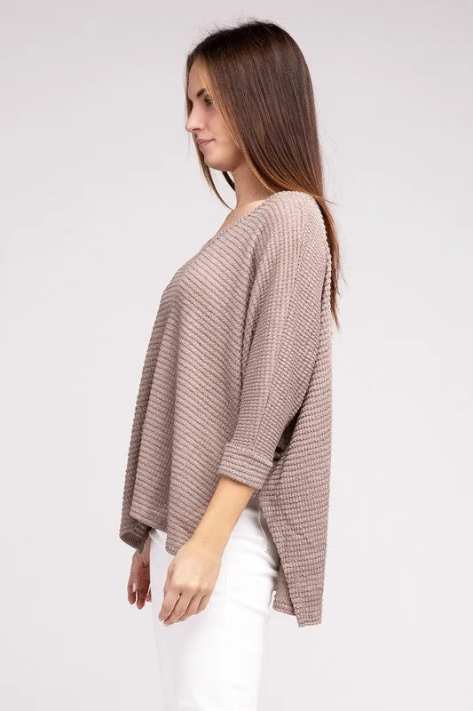 TEEK - 3/4 Sleeve V-Neck Hi-Low Hem Jacquard Sweater