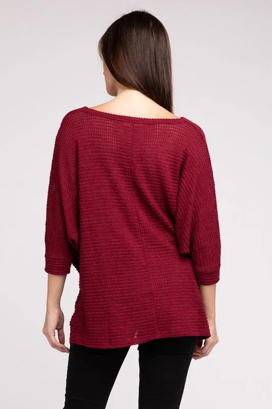 TEEK - 3/4 Sleeve V-Neck Hi-Low Hem Jacquard Sweater