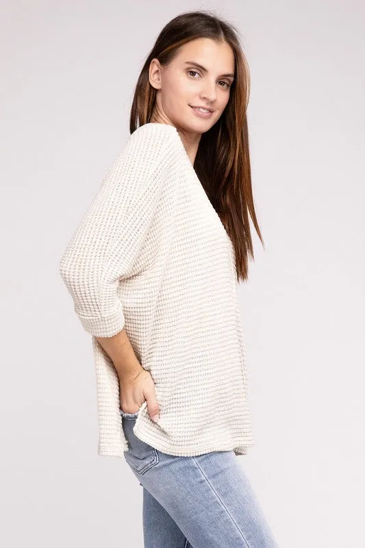 TEEK - 3/4 Sleeve V-Neck Hi-Low Hem Jacquard Sweater