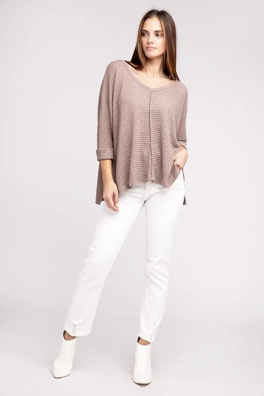 TEEK - 3/4 Sleeve V-Neck Hi-Low Hem Jacquard Sweater