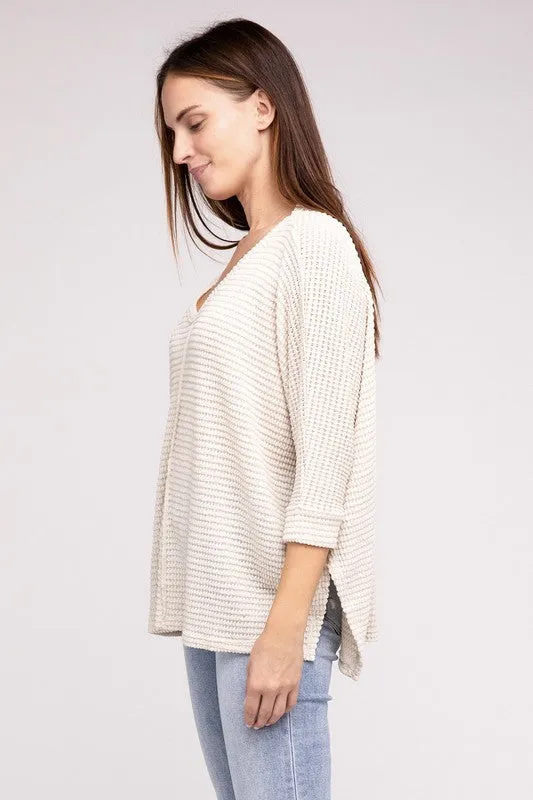 TEEK - 3/4 Sleeve V-Neck Hi-Low Hem Jacquard Sweater