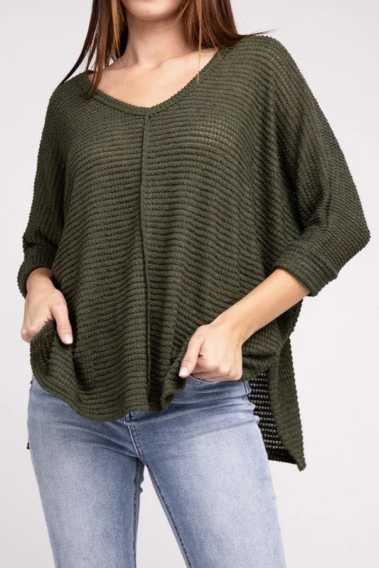 TEEK - 3/4 Sleeve V-Neck Hi-Low Hem Jacquard Sweater