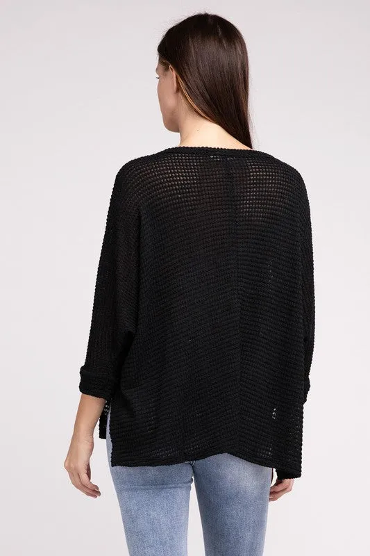 TEEK - 3/4 Sleeve V-Neck Hi-Low Hem Jacquard Sweater