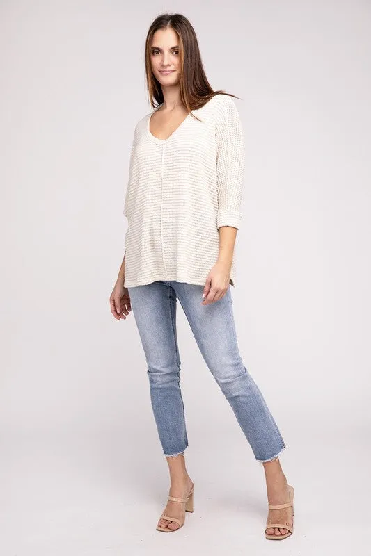 TEEK - 3/4 Sleeve V-Neck Hi-Low Hem Jacquard Sweater