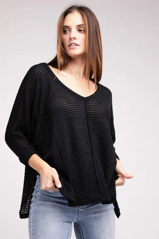 TEEK - 3/4 Sleeve V-Neck Hi-Low Hem Jacquard Sweater