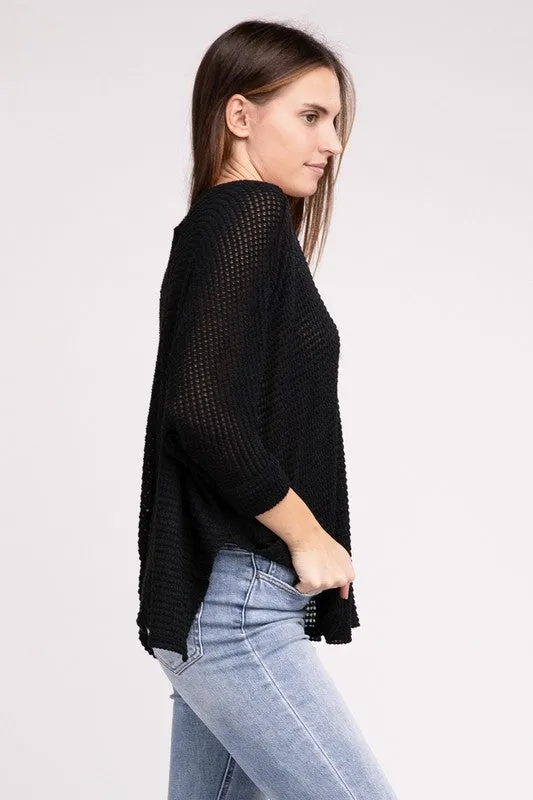 TEEK - 3/4 Sleeve V-Neck Hi-Low Hem Jacquard Sweater