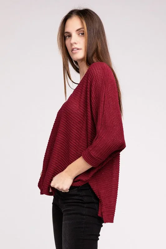 TEEK - 3/4 Sleeve V-Neck Hi-Low Hem Jacquard Sweater