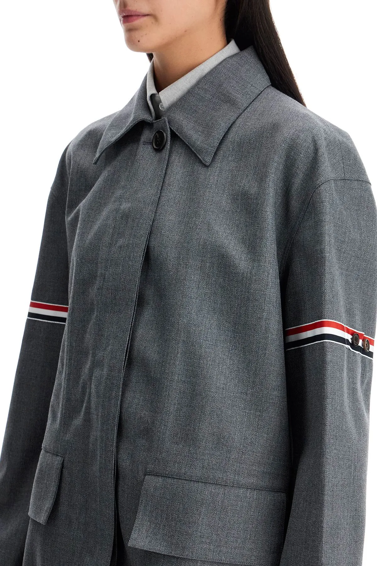 Thom Browne Waterproof Technical Wool Coat With Rwb Stripes