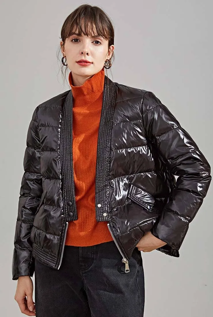 V-neck long Sleeves Thicken Down Puffer Jacket