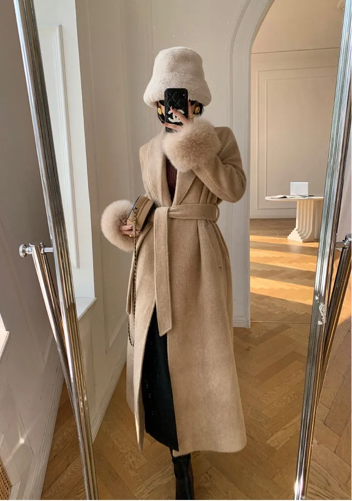 WANXO vegann fur waist tie woolen coat new fashion medium and long woolen coat- Katy