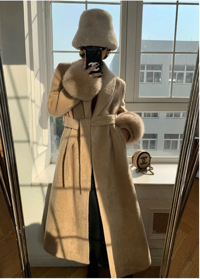 WANXO vegann fur waist tie woolen coat new fashion medium and long woolen coat- Katy