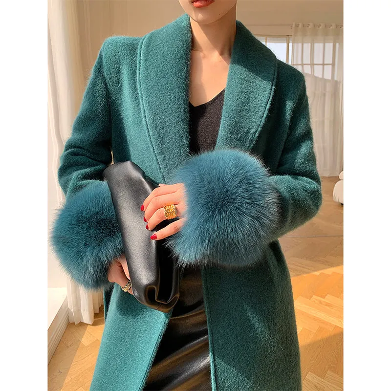 WANXO vegann fur waist tie woolen coat new fashion medium and long woolen coat- Katy