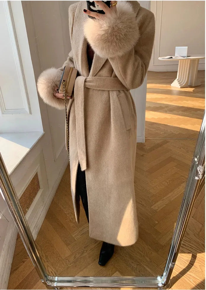 WANXO vegann fur waist tie woolen coat new fashion medium and long woolen coat- Katy