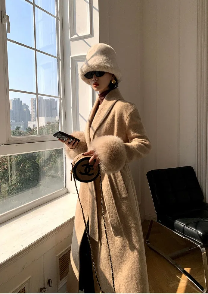 WANXO vegann fur waist tie woolen coat new fashion medium and long woolen coat- Katy