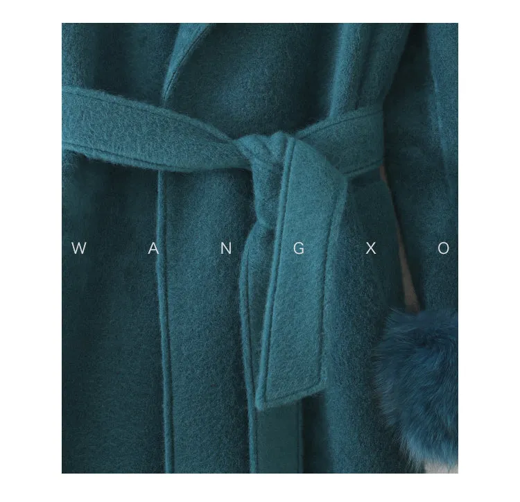 WANXO vegann fur waist tie woolen coat new fashion medium and long woolen coat- Katy