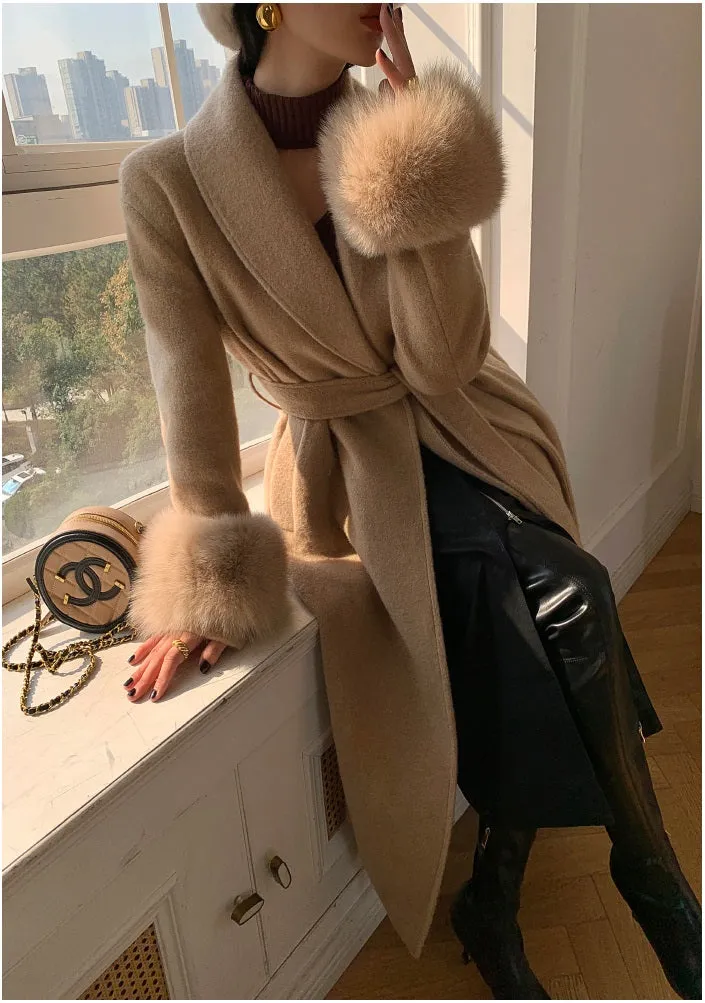 WANXO vegann fur waist tie woolen coat new fashion medium and long woolen coat- Katy