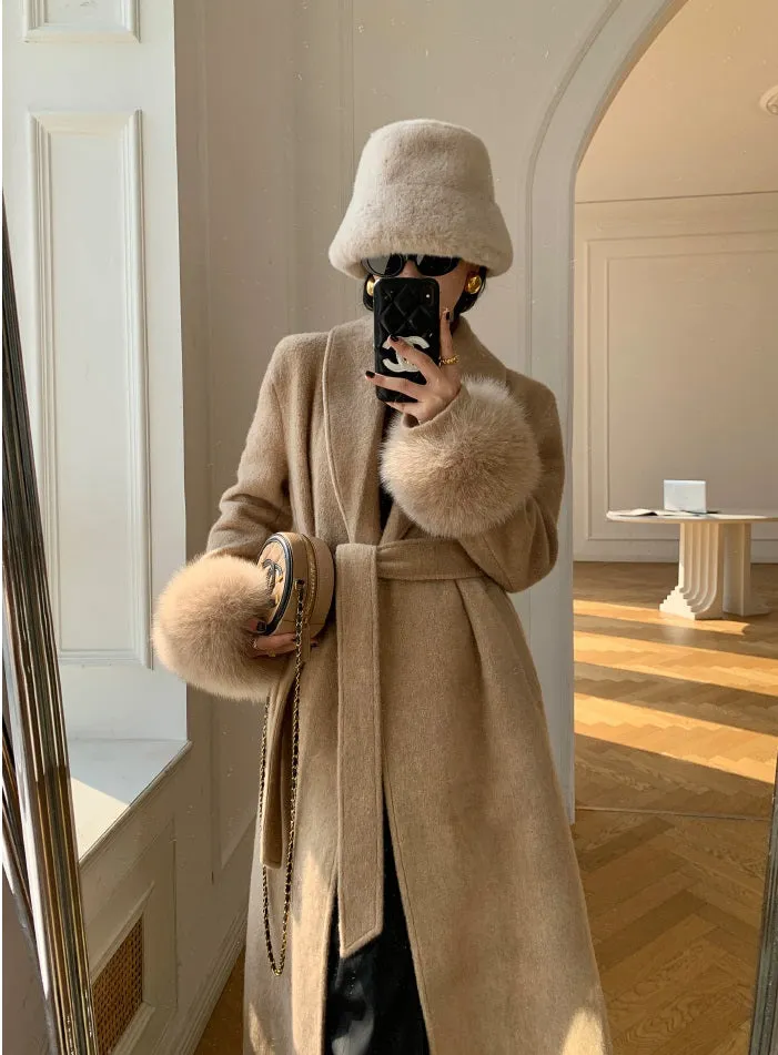 WANXO vegann fur waist tie woolen coat new fashion medium and long woolen coat- Katy